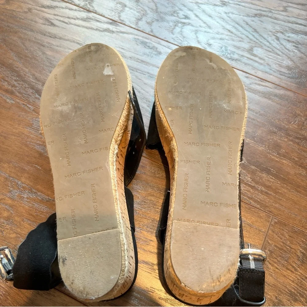 Marc Fisher Faitful Black Suede Platform Wedge Cork Sandal | 8.5